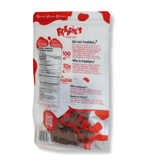 Back view of a Freddies snack package with nutritional information and branding