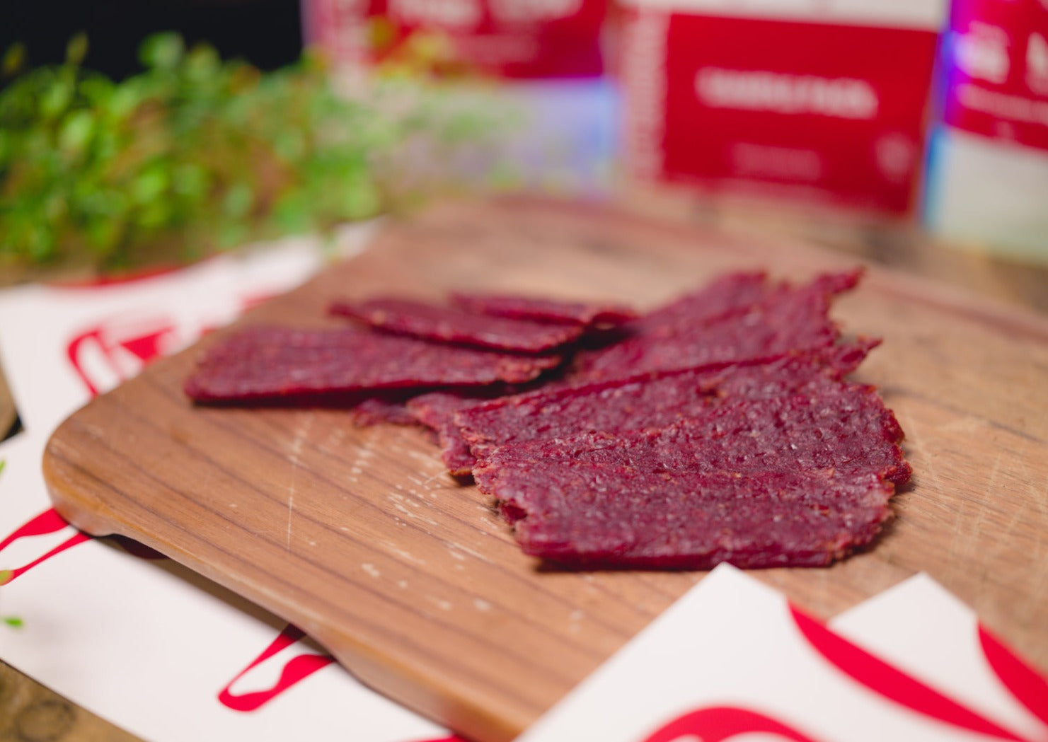 Board with a montreal made kosher healthy beef jerky.