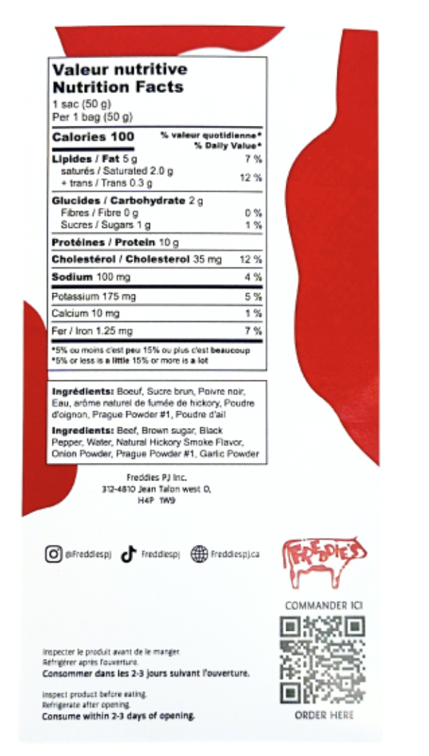 nutrition label of one bag of freddies original beef jerky