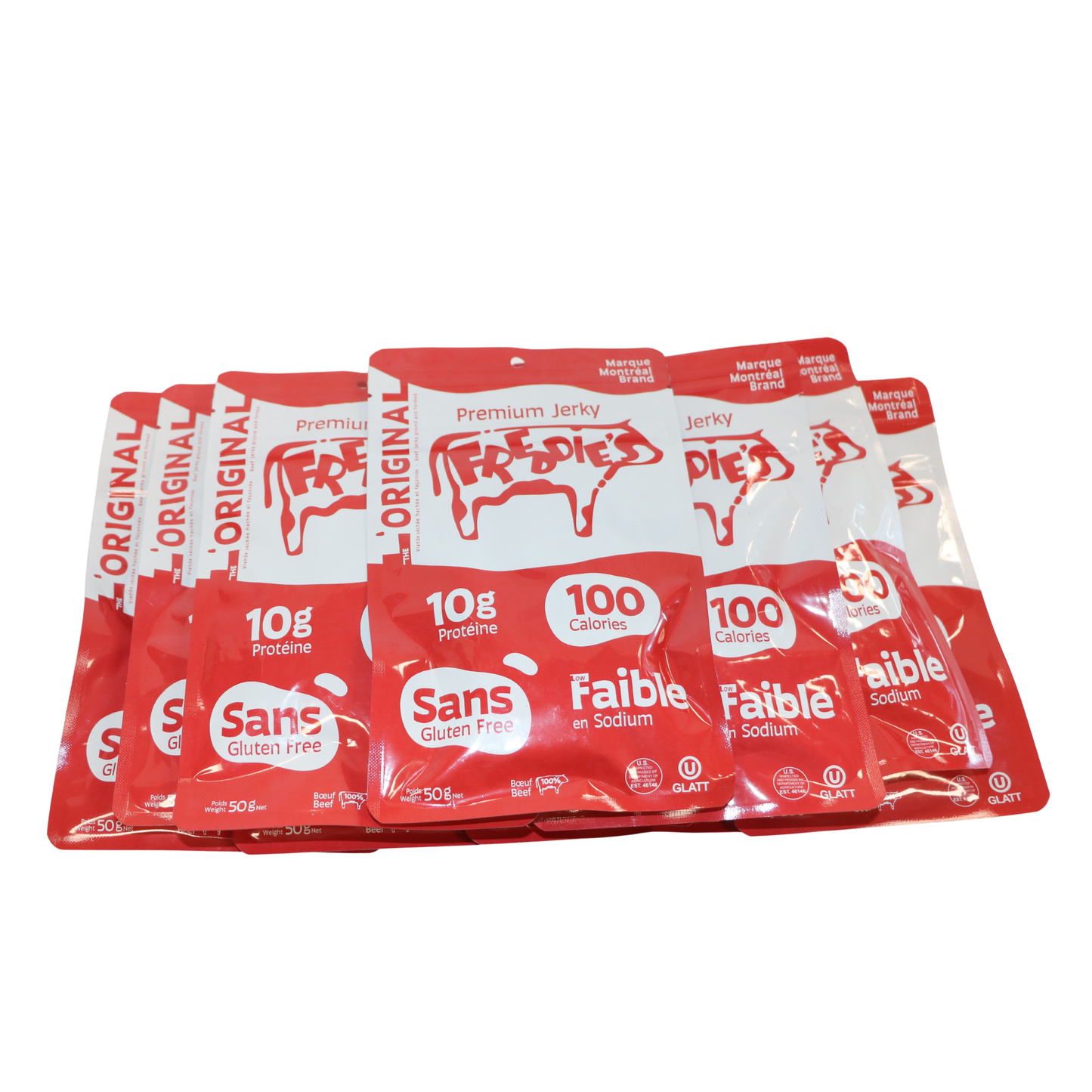 Multiple packages of Freddies jerky on a white background

