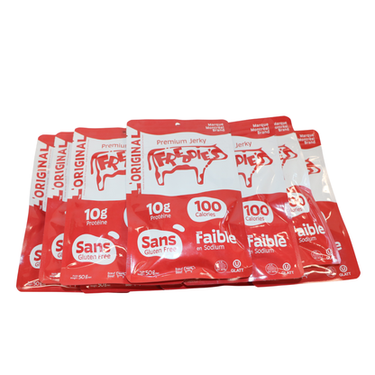 Multiple packages of Freddies jerky on a white background

