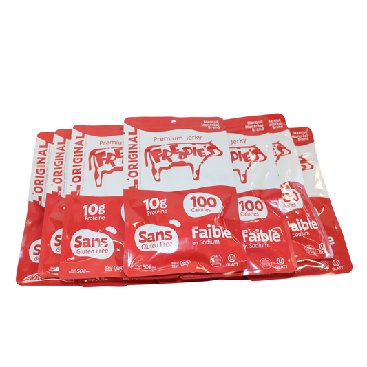 Multiple packages of Freddies jerky on a white background

