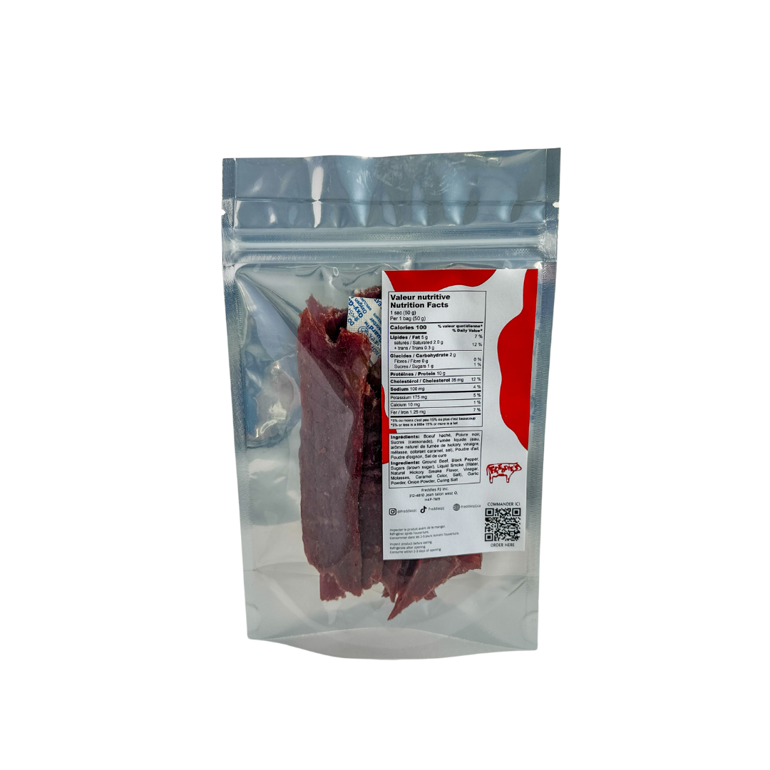 Our most well-known and iconic offering, proudly provided from Montreal, Quebec. Made in our jerky facility using 100% kosher ground beef from Canada, along with spices and a smoky seasoning. This one is Freddie-approved!